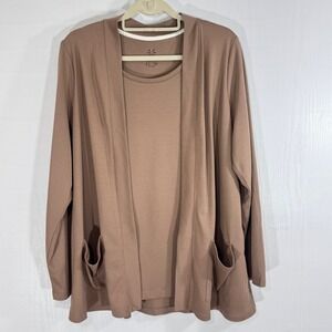 Isaac Mizrahi Live Women Essentials Pima Cotton Layered Size 1X Cardigan Taupe‎
